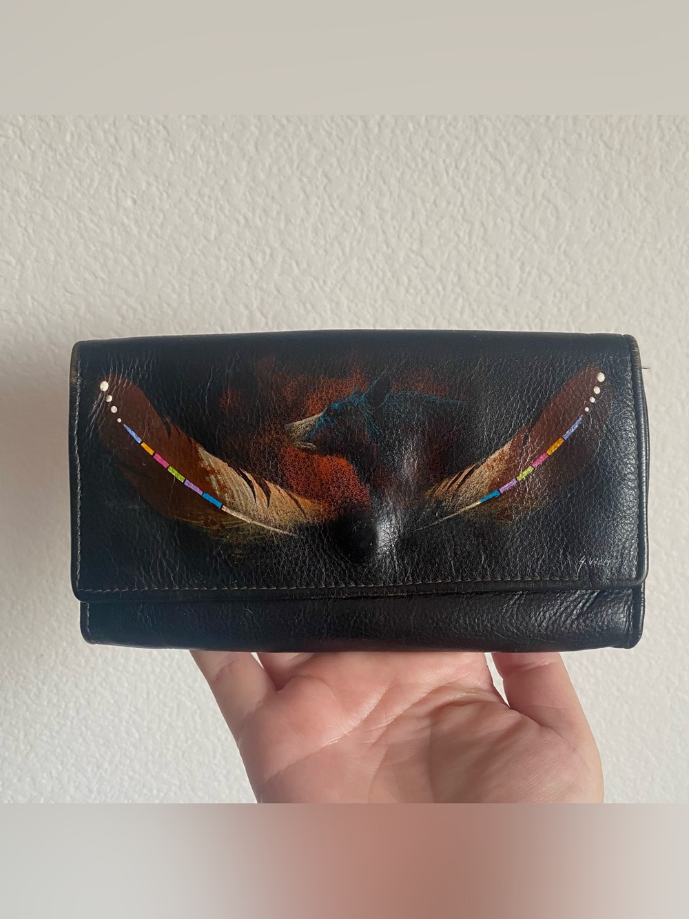 Black Leather Wallet with Feather & Bear Artwork